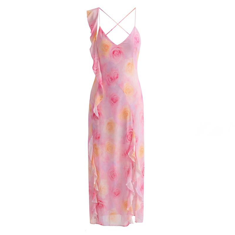 2026 European-American Resort Style Romantic Ruffle Irregular Floor-Length Maxi Dress Small
