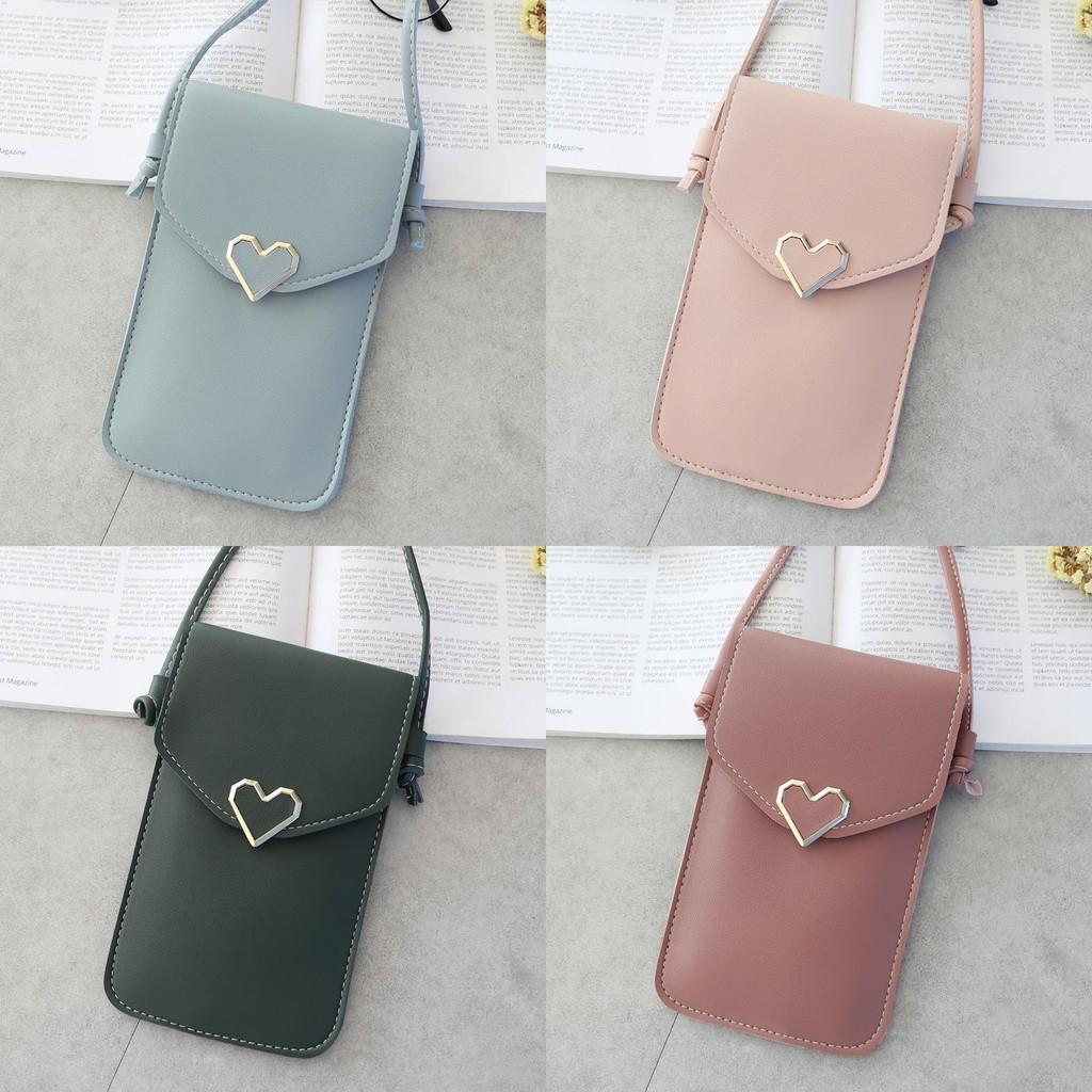 Stylish Women Simple Pu Leather Heart-shaped Decor Transparent Touch-screen Mobile Phone Bag