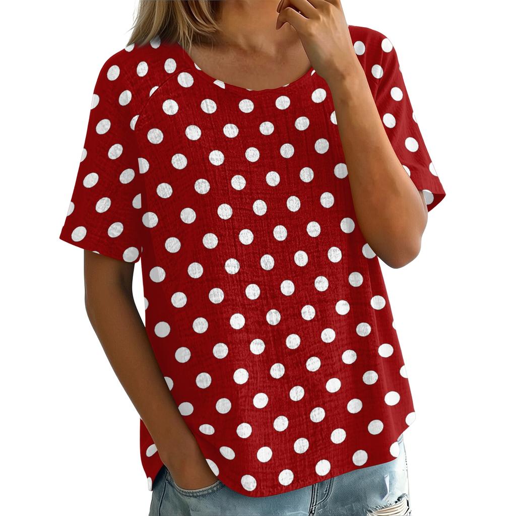 Women's Vintage Print Short Sleeve Top - Round Neck, Cotton Linen Fabric