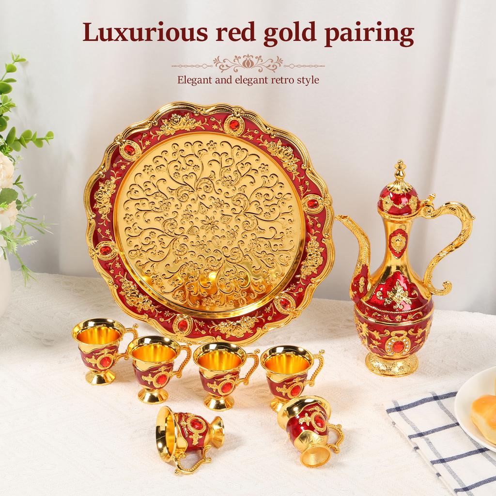 Vintage kovový turecký čajový set se 6 šálky a podnosem na konvici Nádherná turecká kávová konvice Konvice na víno Nápojové nádobí Domácí dekorativní řemesla