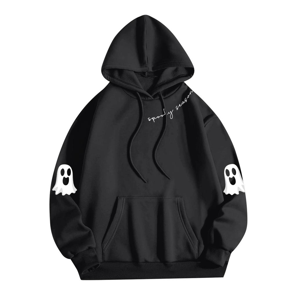 Women's Solid Color Long Sleeve Casual Halloween Print Pullover Hooded Sweatshirt
