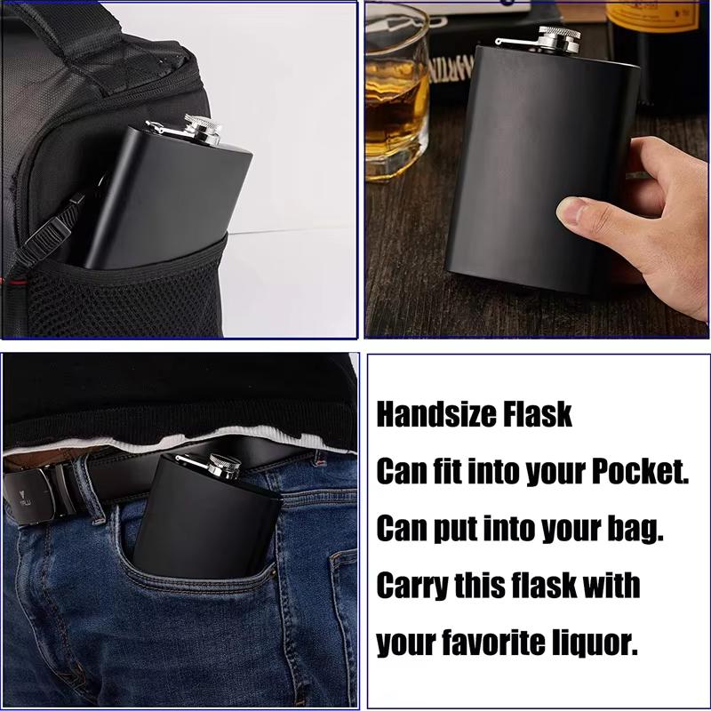 Camping Hip Flask 6 7 8oz Stainless Steel Black Hip Flask Set Leakproof Hip Flask with Funnel Alcohol Drinking Flask JT470