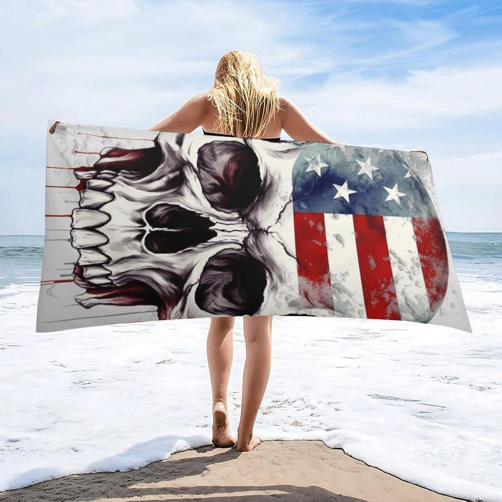 American Flag Skull Beach Towel Oversized Absorbent Towels Quick Dry Pool Towel Lightweight Bath Towels Sandproof Beach Blanket