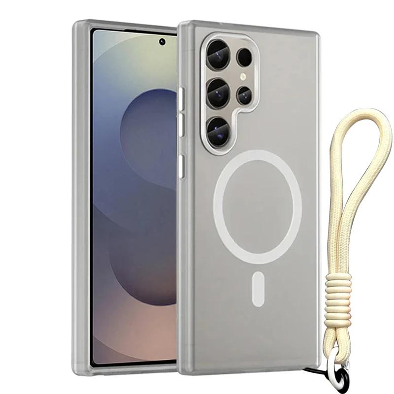 For Magsafe Matte Candy Wrist Strap Phone Cases For Samsung Galaxy S25 S24 Ultra Plus S24 FE Lanyard Magnetic Shockproof Cover