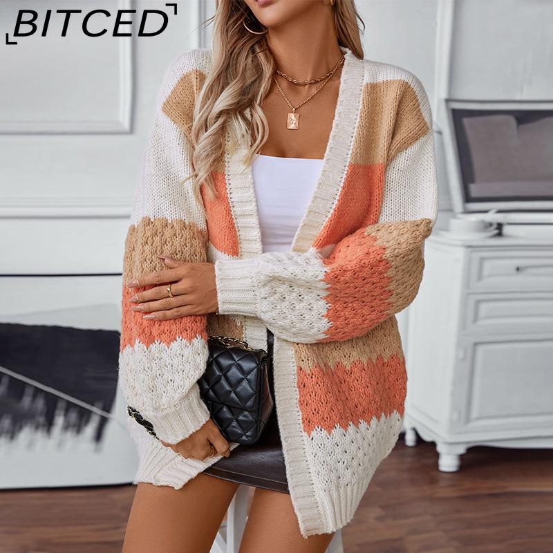 BITCED Colour-Block Striped Cardigan for Women Autumn/Winter Casual Oversized Knitwear with Bell Sleeves