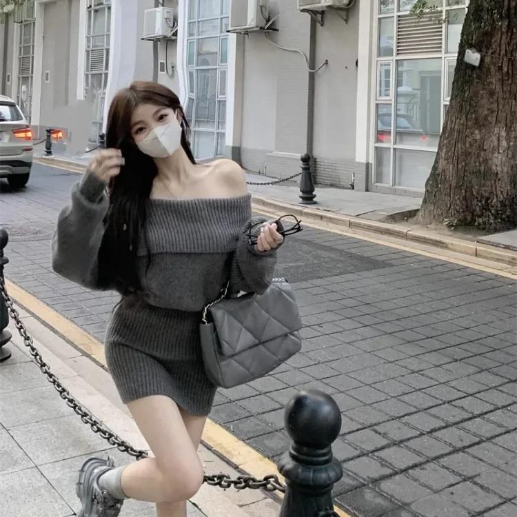 Koreansk stil mini strikket ett stykke kjole kvinner skråhals langermet grå kjoler vintage høst vestidos