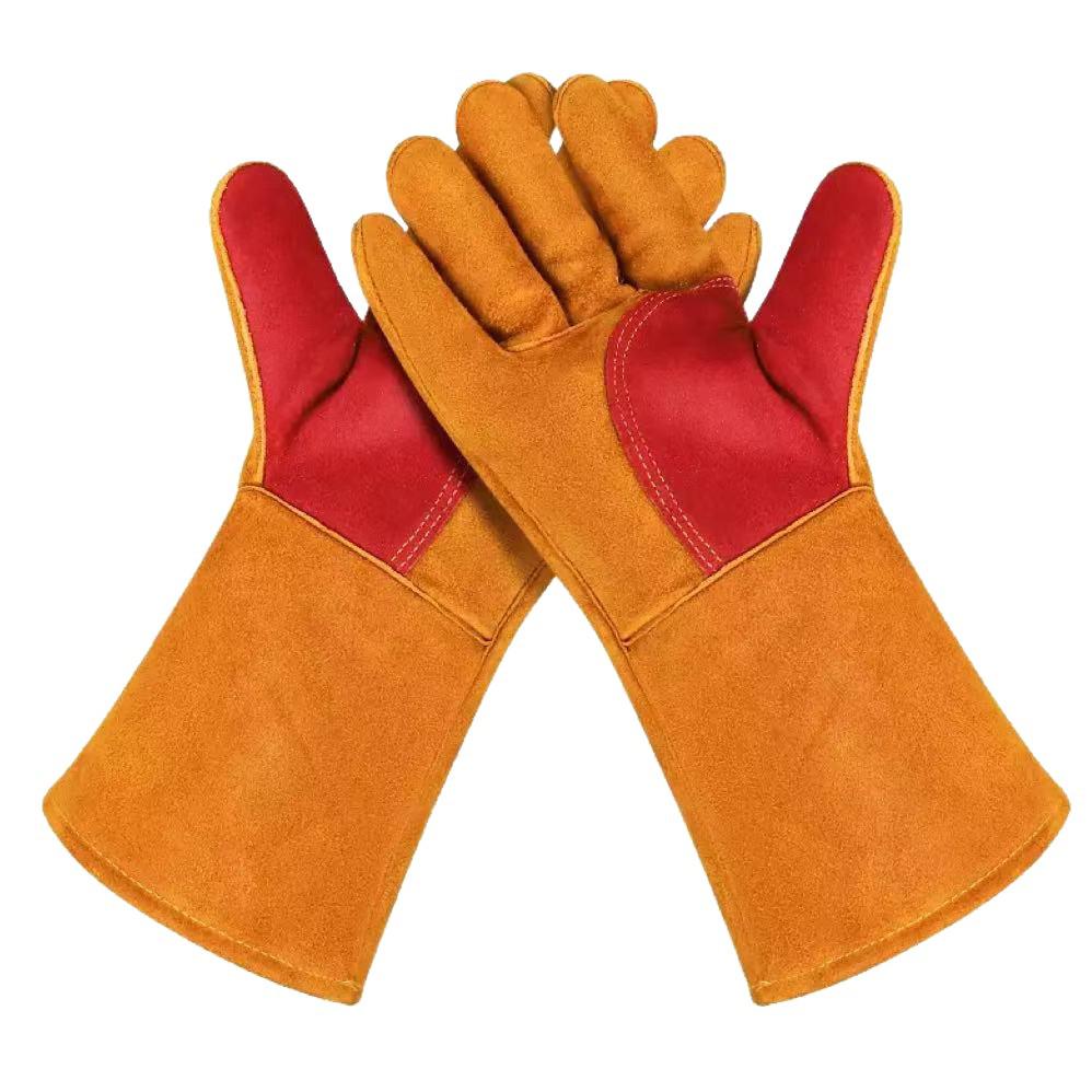 Hitzebeständige Lange Schweißhandschuhe aus Rindsleder - Feuerfest, Doppellagig, Verbrühschutz, Verschleißfest