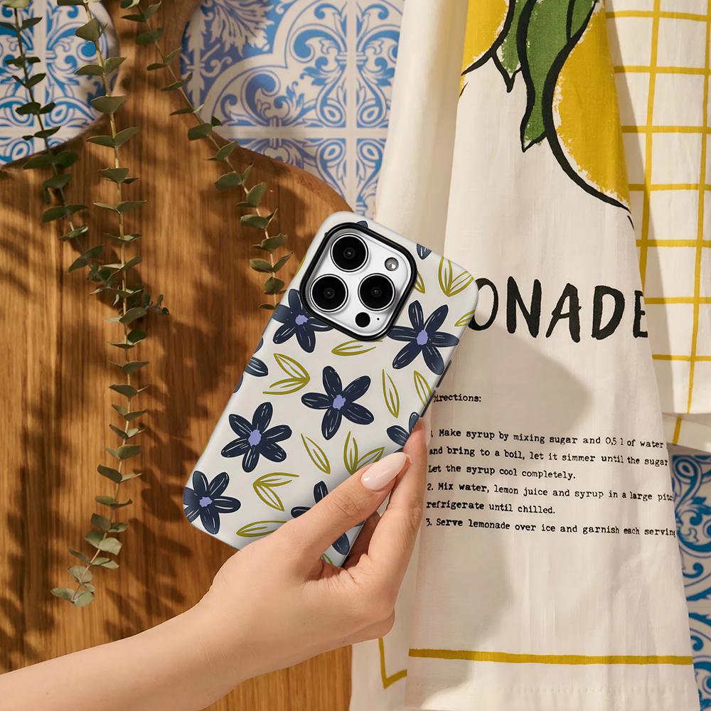 Navy Flower & Olive Leaf Phone Case for IPhone 17AIR 16E 16 15 14 13 12 11 17 Pro Max Plus Double-layer Back Cover