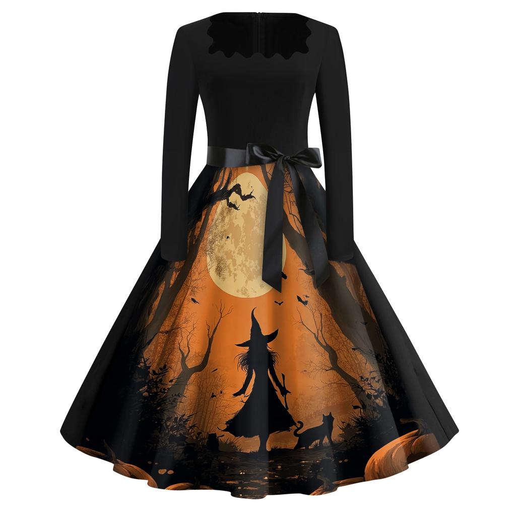 Women's Vintage Square Neck Casual Dress with Halloween Print for Fall Occasions