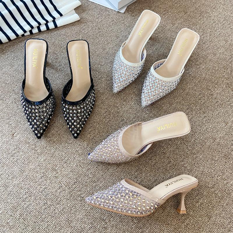 Fashion Women Vintage Pointed High Heel Mule Sandals Rhinestone Embellished Hollow Out Slip On Shoes