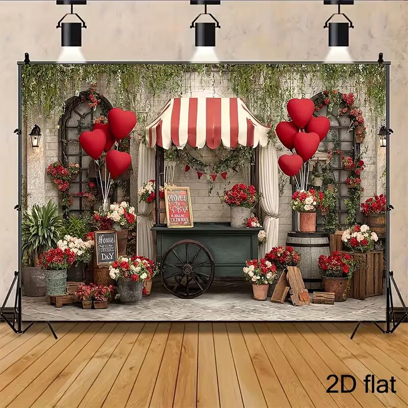 2D Vintage Flower Cart Backdrop Valentine's Day Party Photography Background