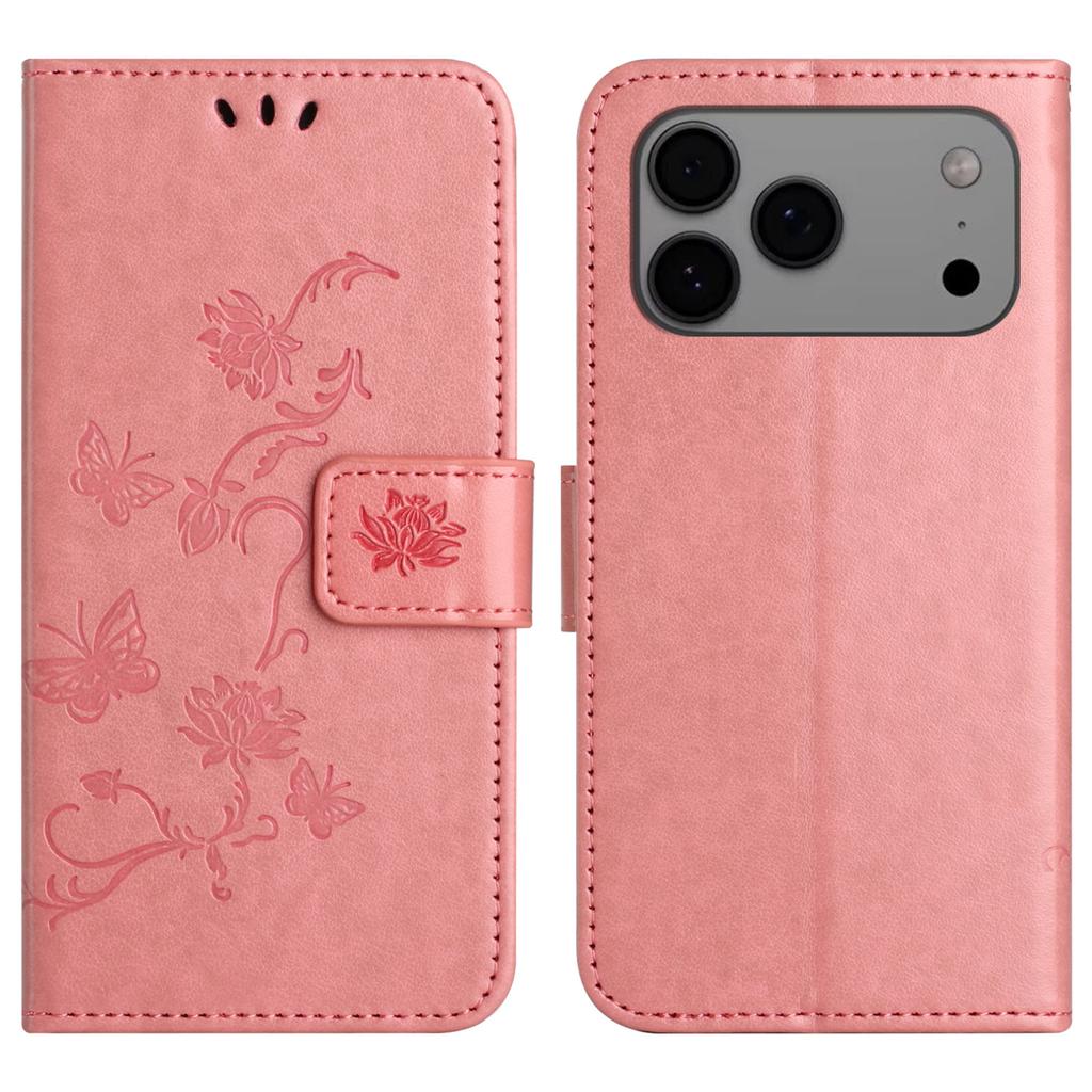 For iPhone 17 Pro Max Case Wallet Stand Imprinted Butterfly Flower PU Leather Phone Cover