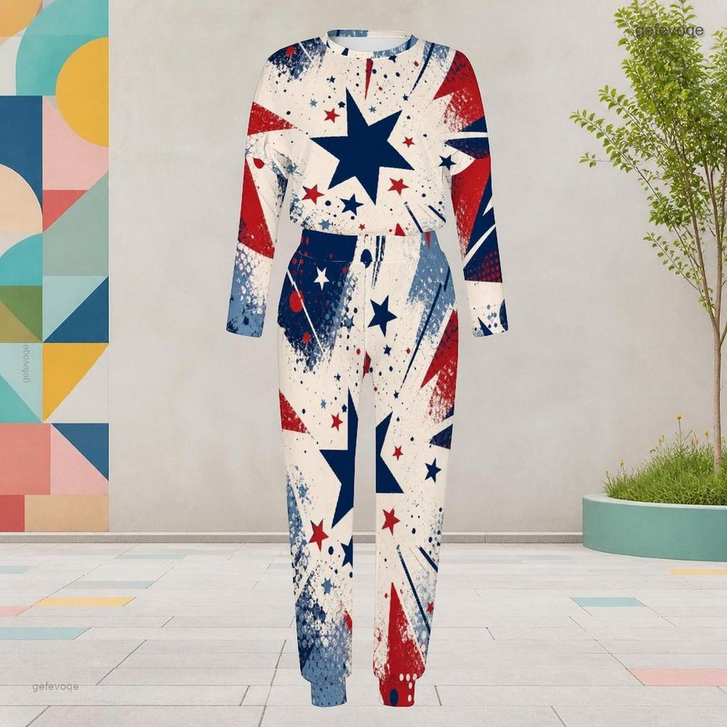 Women Plus Size Printed Round Neck Long Sleeve Cuffed Top And Cuffed Pants Two Piece Set With Pockets