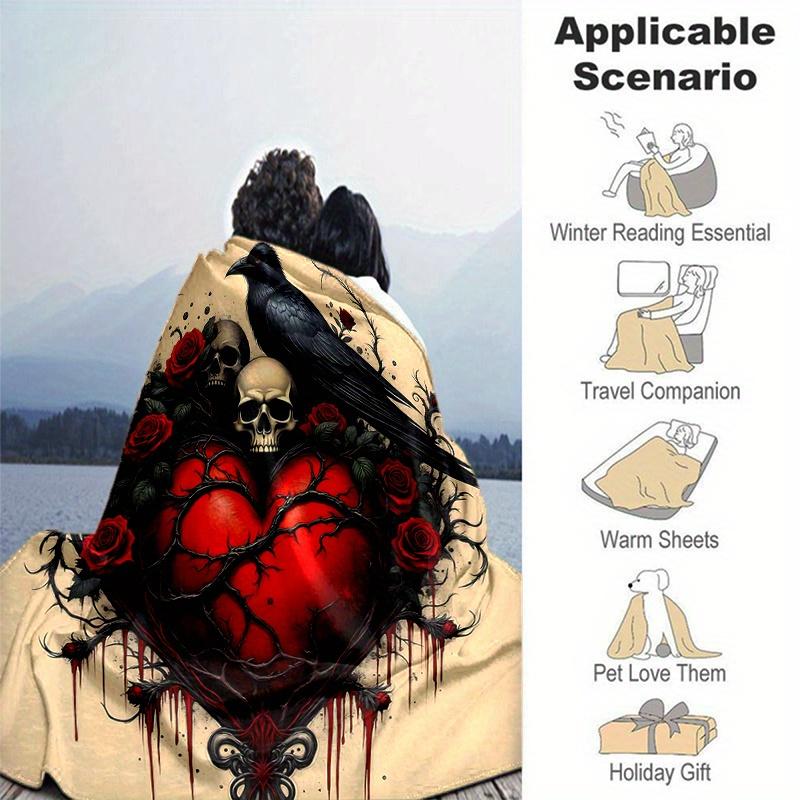 1 Stück Gothic Herz mit Raben Schädeln und Roten Rosen Decke Weicher Überwurf für Heimdekoration, Geschenkidee, Wohnzimmer, Reisen, Camping, Auto Decken