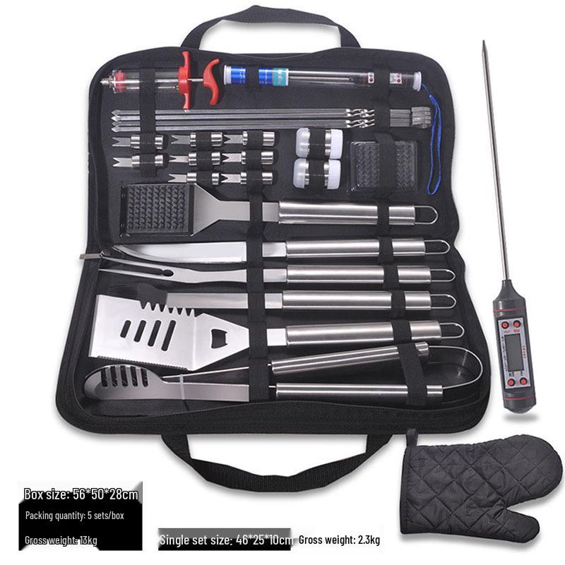 Meigo Stainless Steel BBQ Tool Set, 32 Pieces, with Portable Cloth and Aluminum Case Options, New.