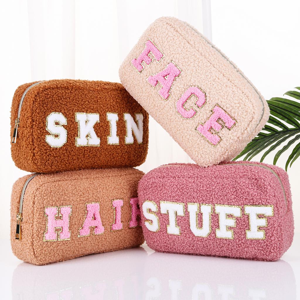 Preppy Makeup Bag Chenille Letter Fluffy Cosmetic Storage Pouch Fuzzy  Travel Toiletry Bag Gift for Women and Girls