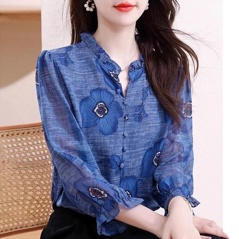 Spring New Fashion Printed Fungus Stand Collar Chiffon Shirt Women's Nine-quarter Sleeves Fashionable and Versatile Age-reducing Shirt