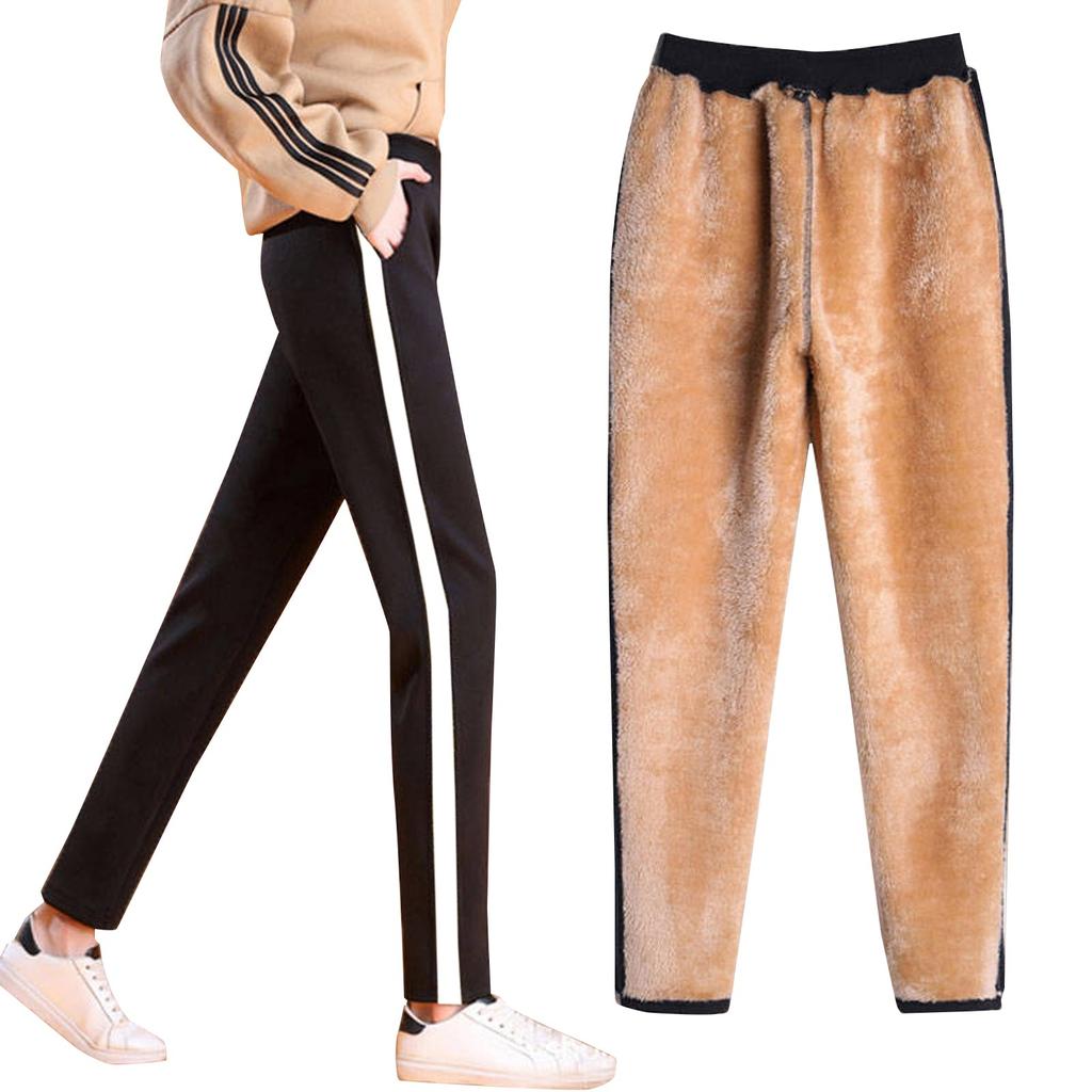 Women Thermal Fleece Pockets Thickened Fleece Lined Casual Sports Trousers Pants
