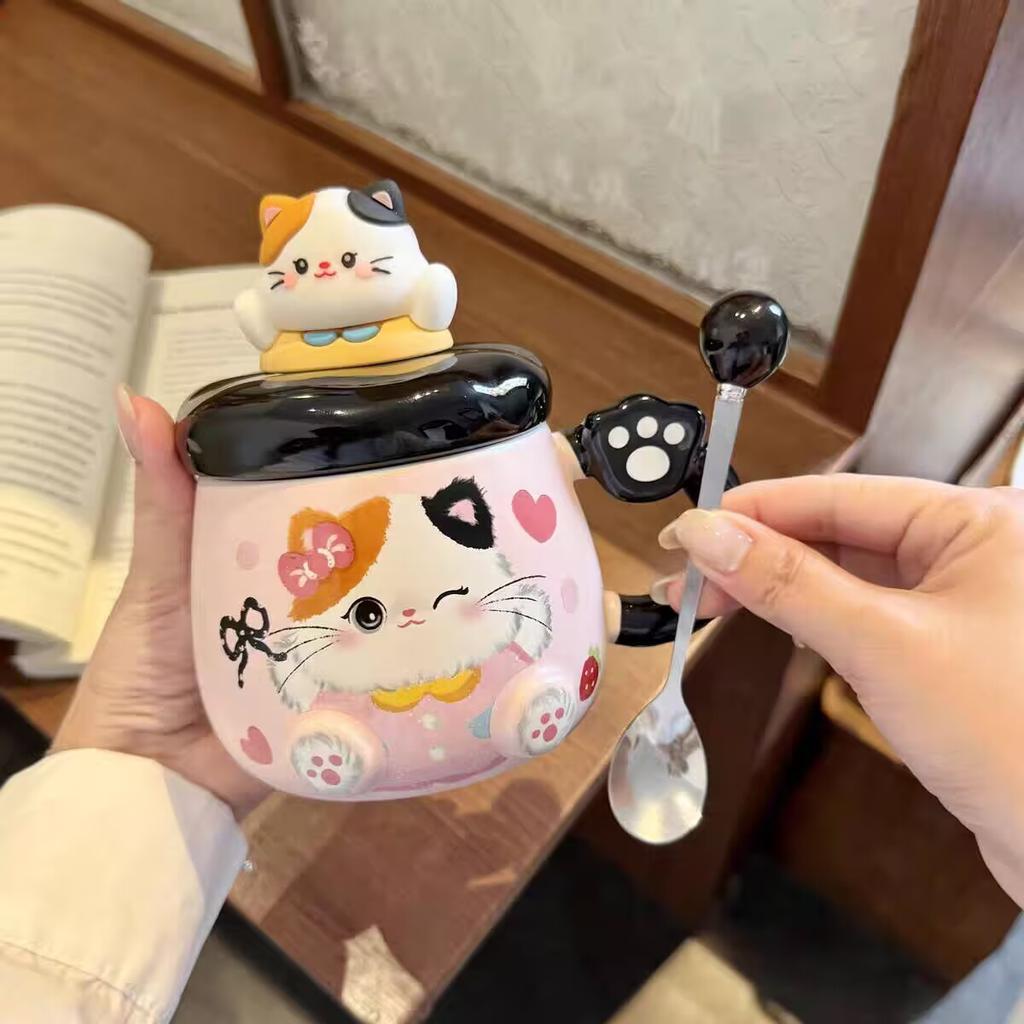 Cat Mug with Lid Spoon High Value Cute Cup Ceramic Water Cup for Women Home Large Capacity Breakfast Cup for Children