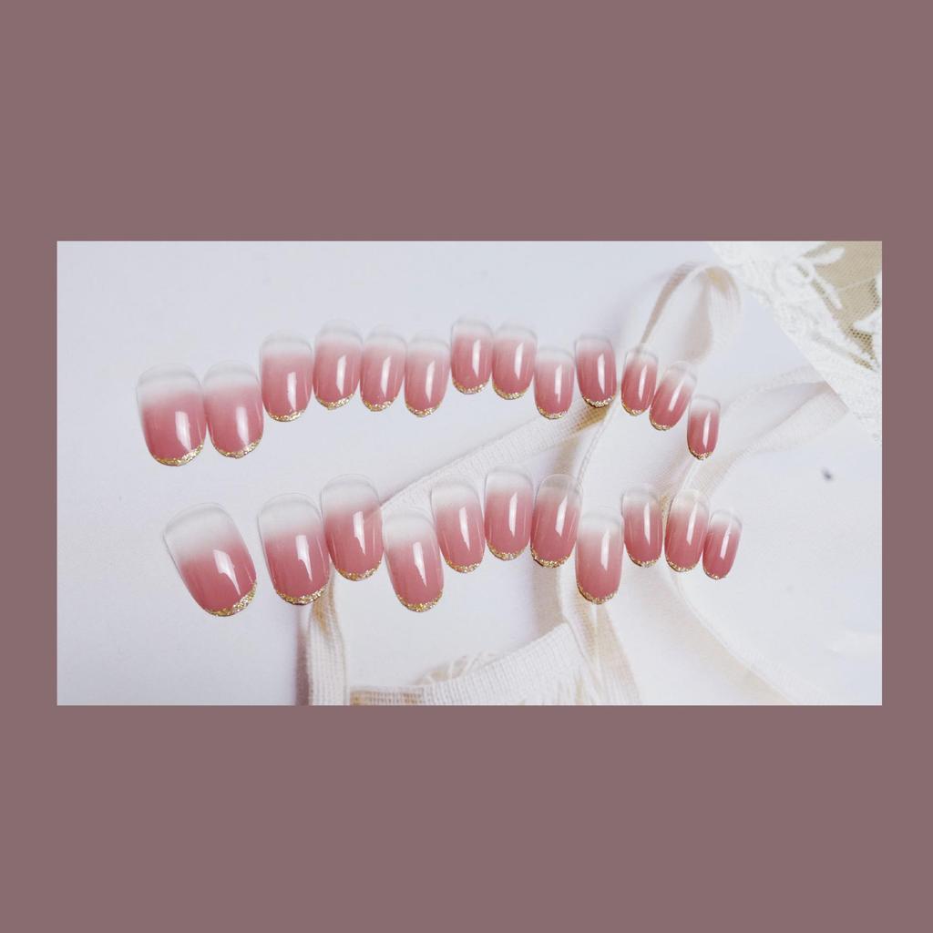Nude Pink Pointed French Glitter Nail Stickers with Gold Edge - Waterproof and Removable.