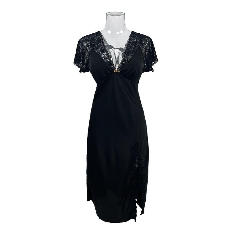 French Sexy Ice Silk Nightgown Lace Water Soluble Slim Fit High Slit Cami Loungewear 447 Elegant Flattering Sleepwear Inspired by French Style