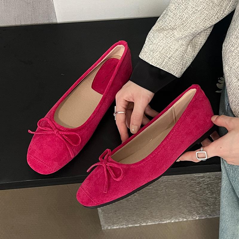 Fashion rose red bowtie flat shoes woman flock ballet flats  designer bow moccasins big size 35-42 slip on loafers zapatillas mujer