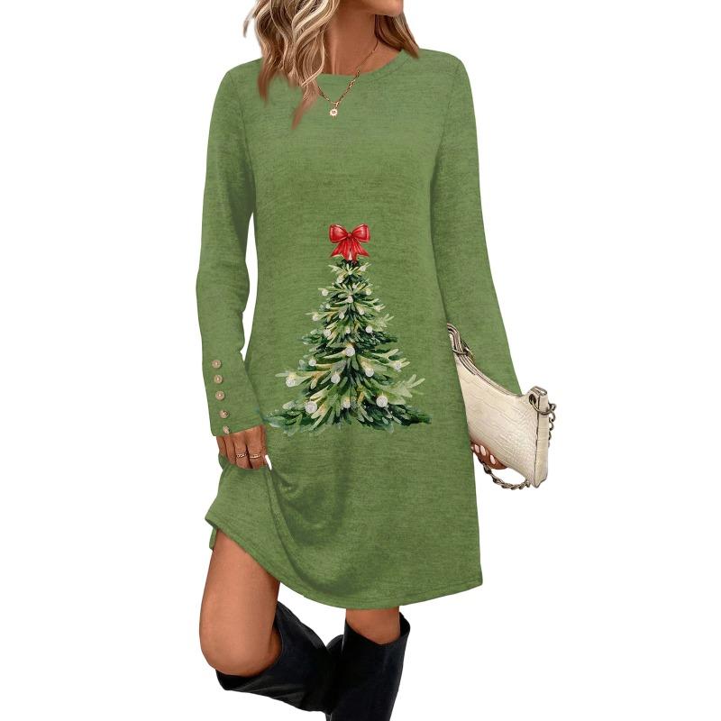 Women'S Dress Christmas Long-Sleeved Dresses Printed Round Neck Fashion Casual Dresses Pockets Decorative Buttons Autumn Winter