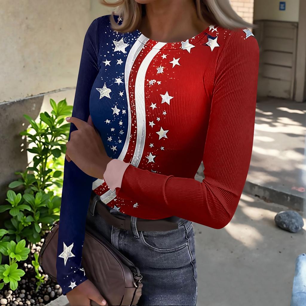 Women's Casual Fashion Round Neck Independence Day Print Long Sleeve Ribbed Top