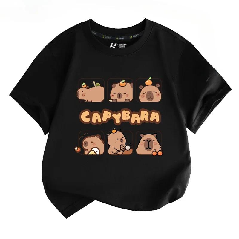 Capibala Cartoon Capybara King Cute Peripheral Short Sleeved T-shirt for Male and Female Students Short Sleeved
