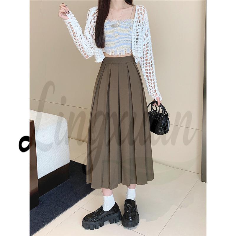 

Chic Plus Size Mid-Length A-Line Pleated Skirt - Age-Reducing, Solid Color for Early Autumn and Summer 3XL Plus кофейный