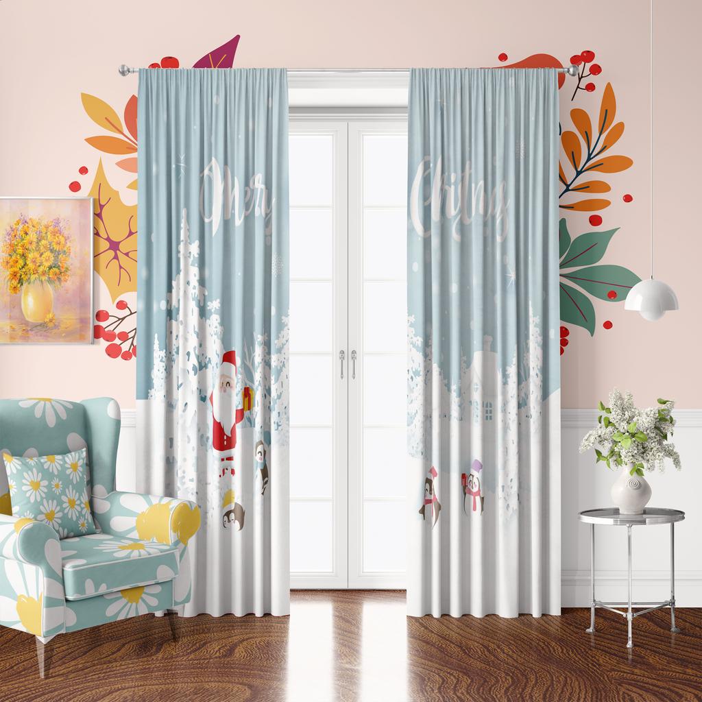 2pcs- Winter Christmas Decorative Printed Curtains for Bedroom, Living Room, Study, Private Space