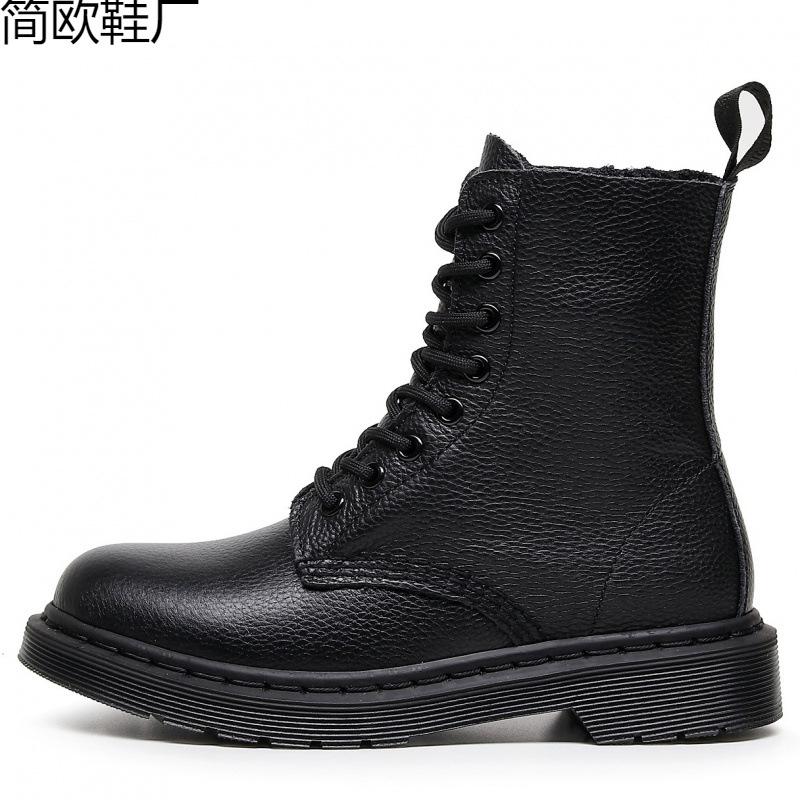 Lychee Pattern Tooling Boots Women's Head Layer Soft Cowhide Pure Black Short Boots British Leather Locomotive Boots