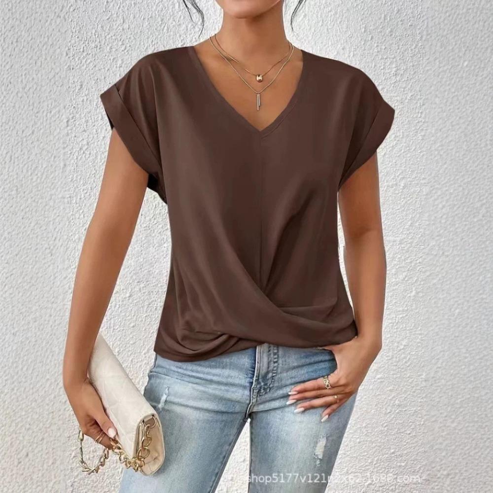 Summer Solid-color Fitted V-neck Women's Short-sleeved T-shirt