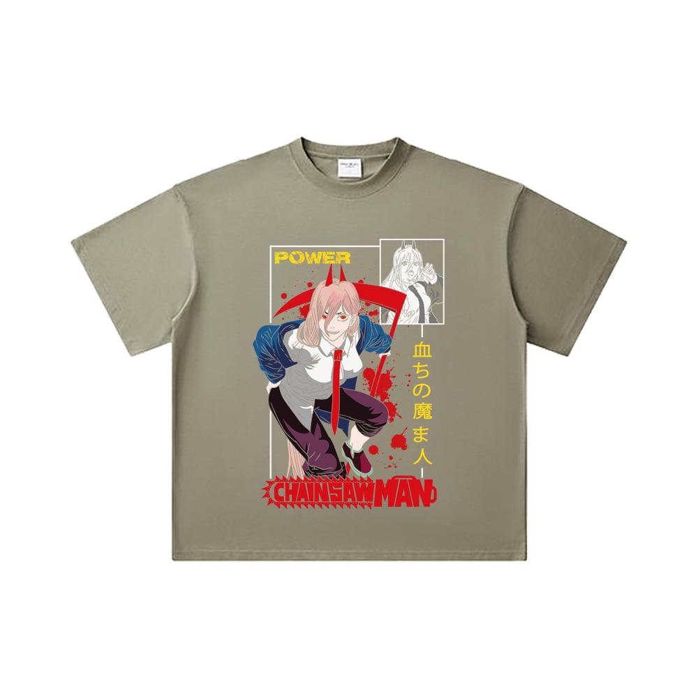 T-shirt Unisex Pesante in Cotone 260 GSM Filato Doppio Titolo 32 100% Cotone Chainsaw Man V40 Stampa Potente
