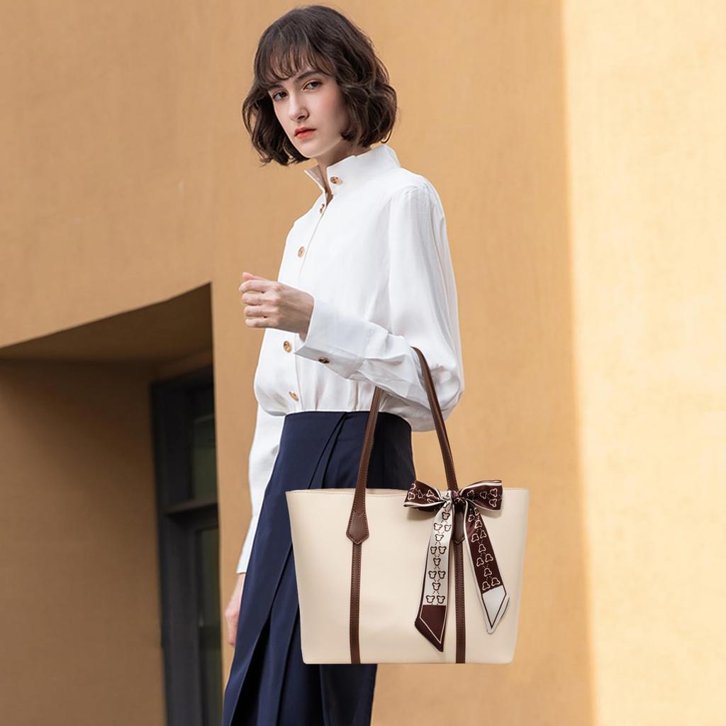 NICOLE & DORIS Women's Large Capacity Tote Bag, A4 Size, Leather Shoulder Bag, Water-Repellent, Commuter Bag, Solid Color, Includes Scarf, Stylish