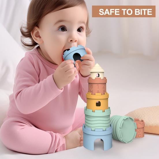 1 Set Baby Stacking Toy Smooth Edge Safe No Odor Anti-cack Silicone Chewable Castle Shape Color Cognition Promote Hand-eye Coordination