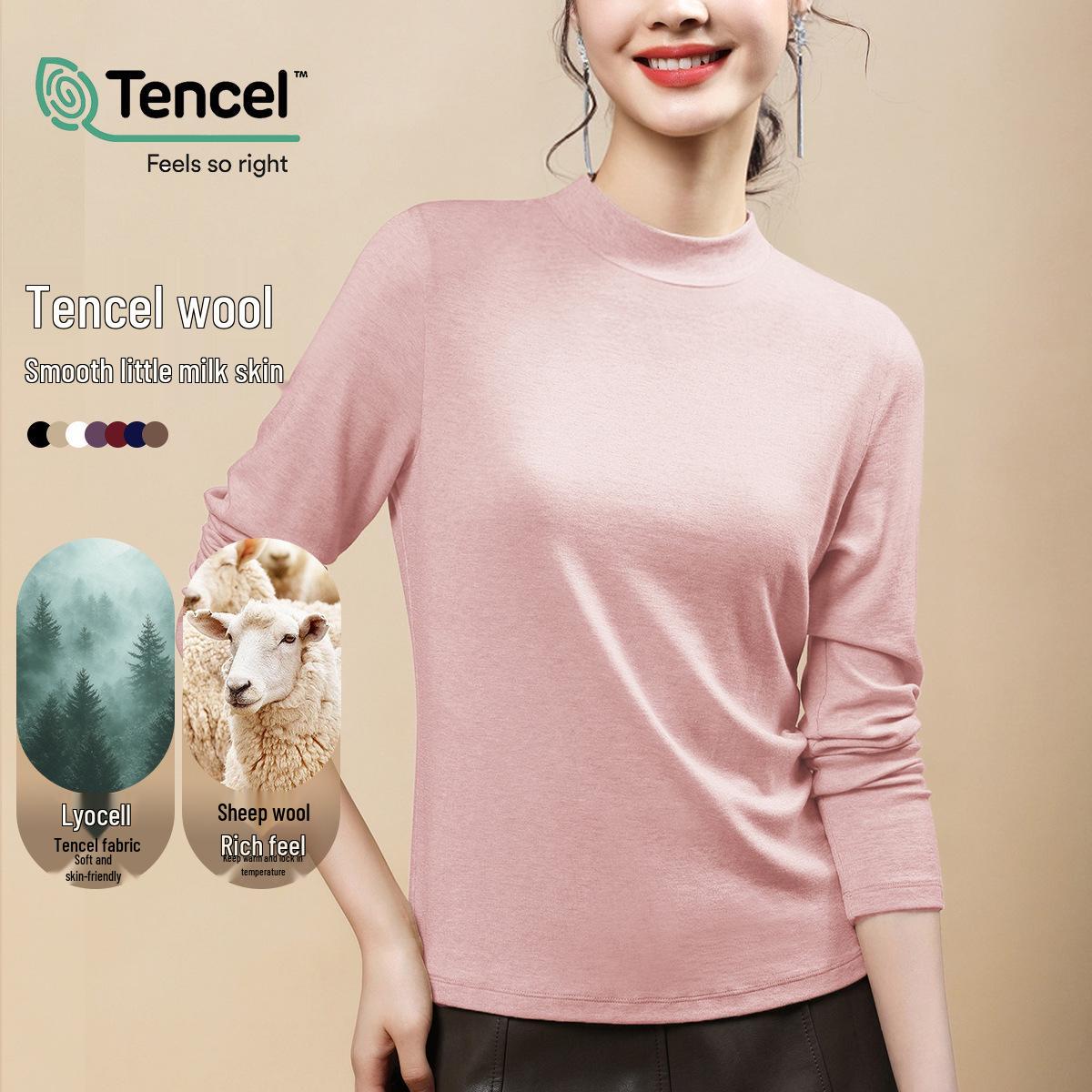 Women s Lyocell Tencel Wool Long Sleeve Mid-Neck Base Layer Top - Spring Thin Warm Inner Shirt L