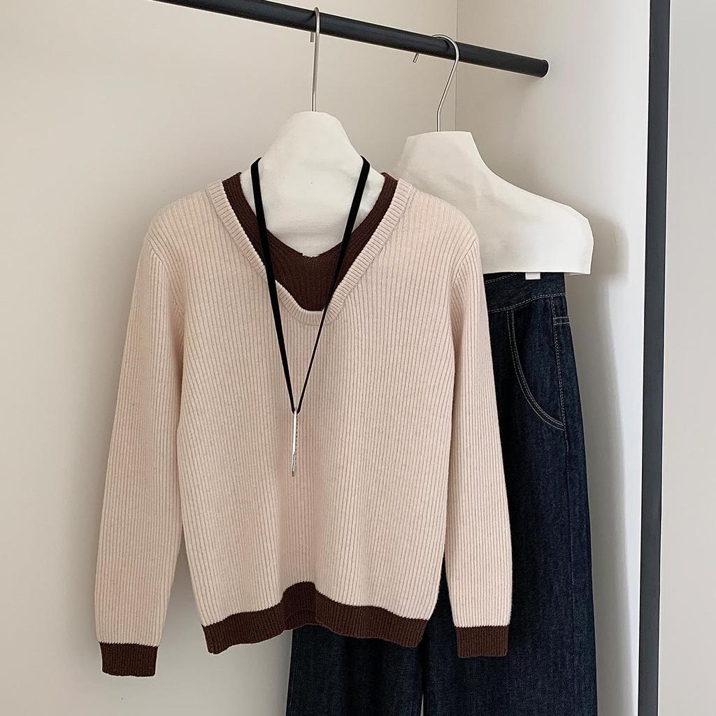 Women's V-Neck Wool Sweater: Color Block, Faux Two-Piece, Long Sleeve Knitwear