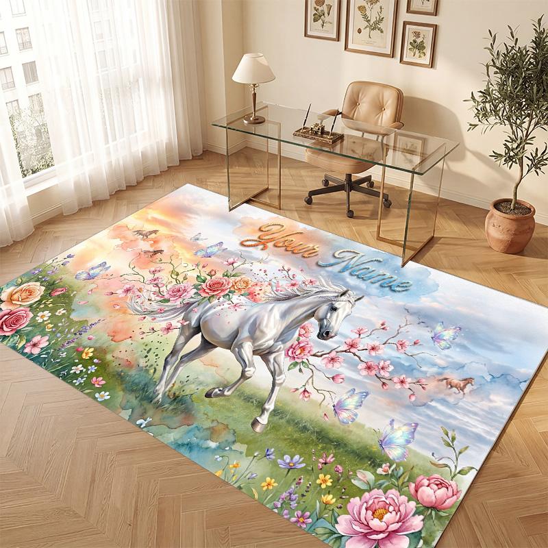 Horse Theme Soft Crystal Velvet Rug Custom Name & Text Print Non Slip Floor Rug for Bedroom Living Room