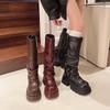 Fashion Knee High Belt Buckle Round Toe Thick Sole Platform Chunky Heels Women Boots Solid Color Slip on Ins Western Sexy Shoes