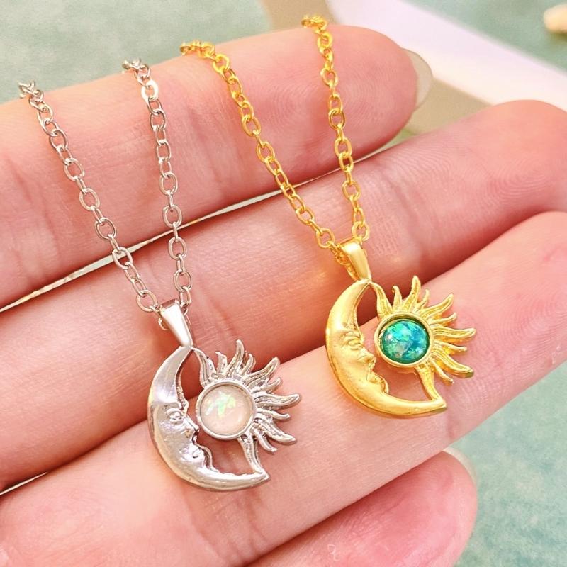 Elegant Sun Moon Pendant Necklace Unique Sun and Moon Charm Necklace Adornment Beautiful Opal Adorned Neck Chain Jewelry
