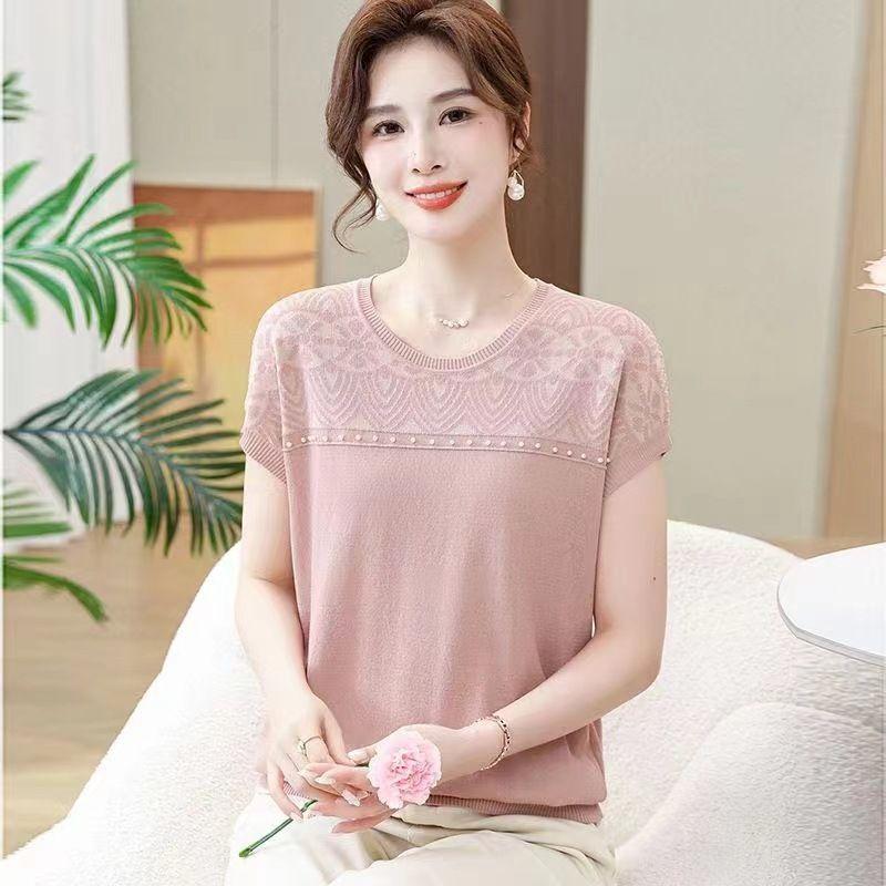 Summer Women's Ice Silk Short Sleeve T-shirt Jacquard Round Neck Loose Casual Mom Outfit Thin Top