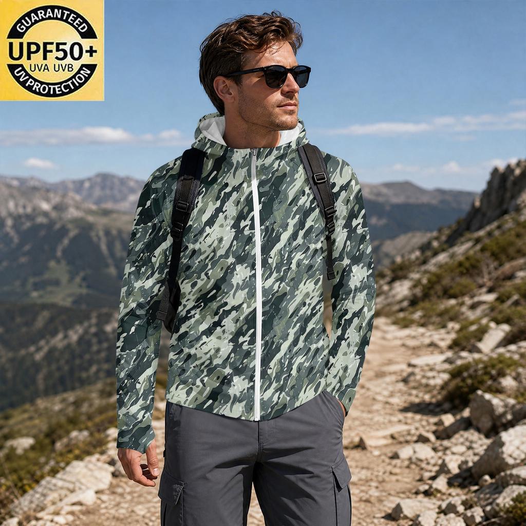 Men's Casual Raglan Sleeve Hoodie Long Sleeve Sun Protection Jacket Lightweight Breathable Outdoor Sports Windbreaker with Full Zip and Thumb Holes