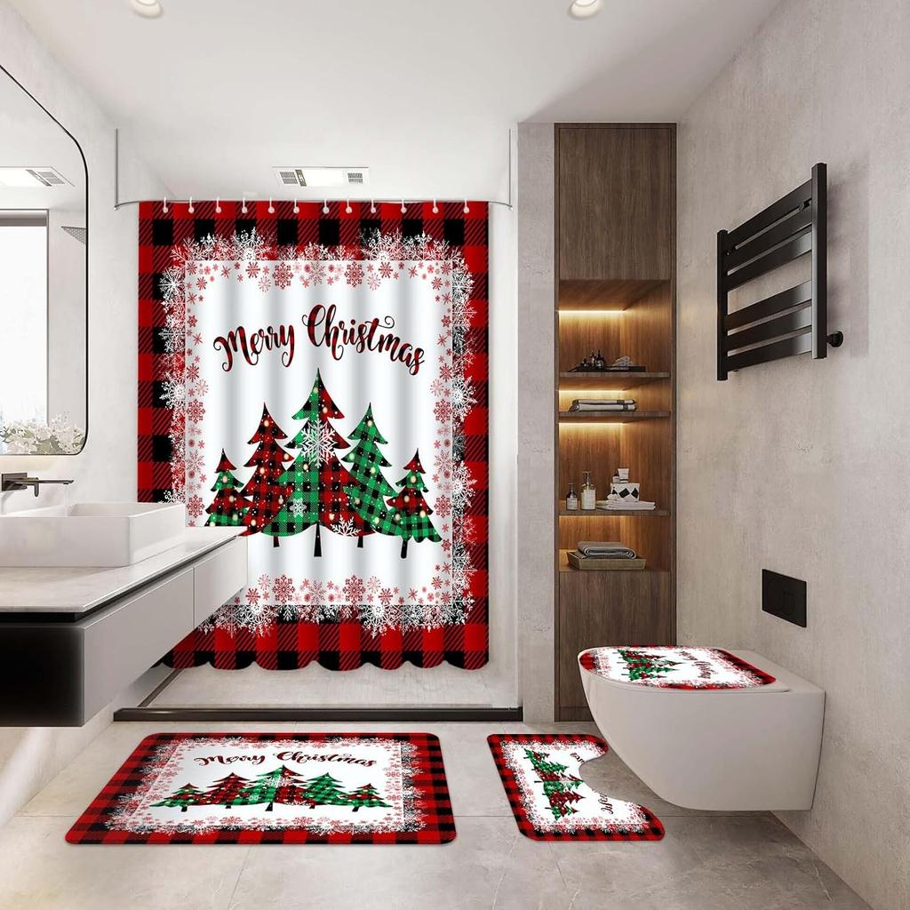 4Pcs Bathroom Shower Curtain Set  Merry Christmas Red Buffalo Plaid Bathroom Curtain With 12 Hooks Non Slip Rugs Toilet Cover Mat Bathroom Partition