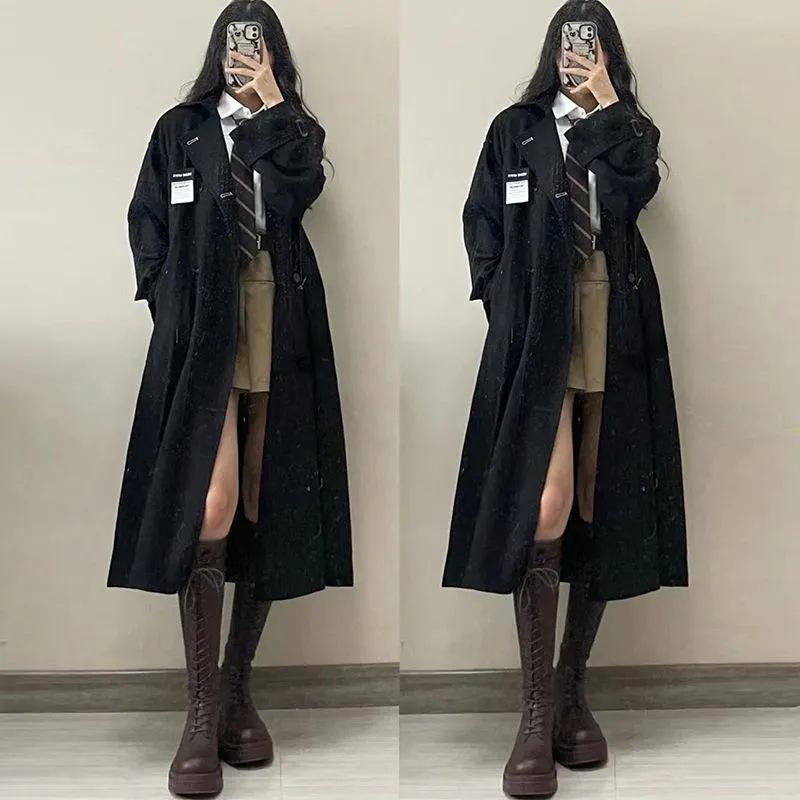 Women's Elegant Black Mid-Length Trench Coat - 2025 Autumn Korean Style for Students