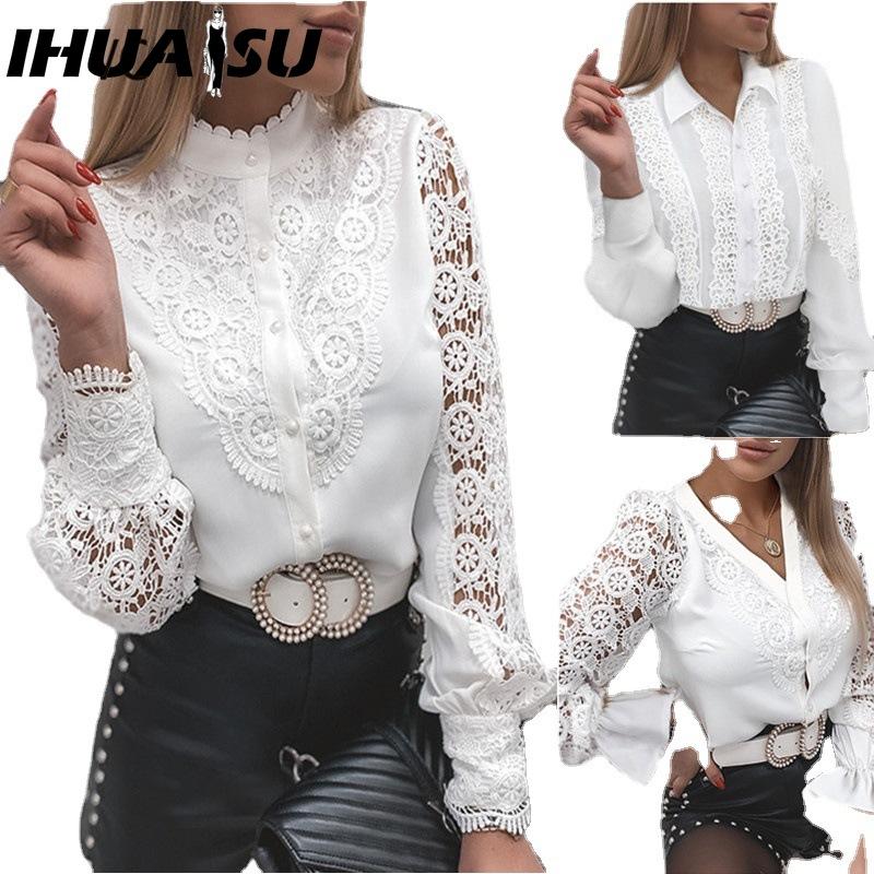 IHUASU Dámská móda Ležérní jednobarevné halenky a košile s dlouhým rukávem