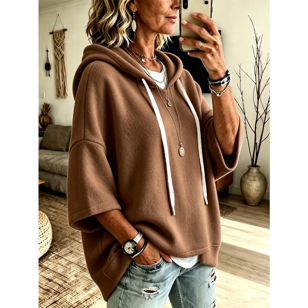 Women's Loose Seven Quarter Sleeves, Hooded Drawstring T-shirt, Batsleeved Top, Outerwear