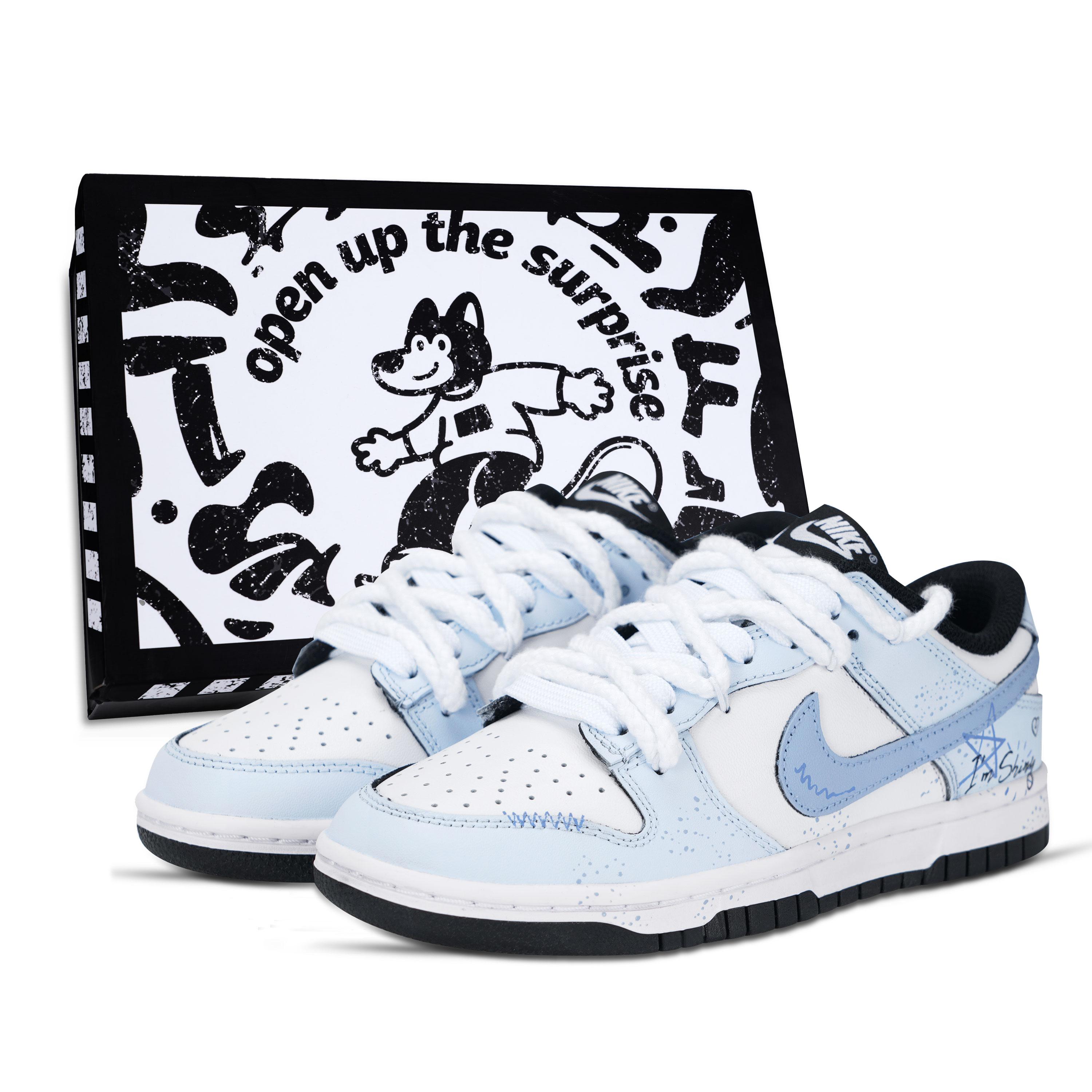 

Nike Dunk Black White, Ice Blue Star Sparkle Leather Abrasion Resistant Slip Resistant Low top Skateboard Shoes Unisex HF5441-100(Team887-) 39