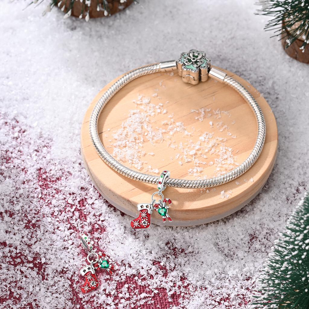 Genuine Copper Charm Luxurious Christmas Stockings Walking Stick Pendants Bead Fits Bracelets DoItYourself Women Delicate Gifts