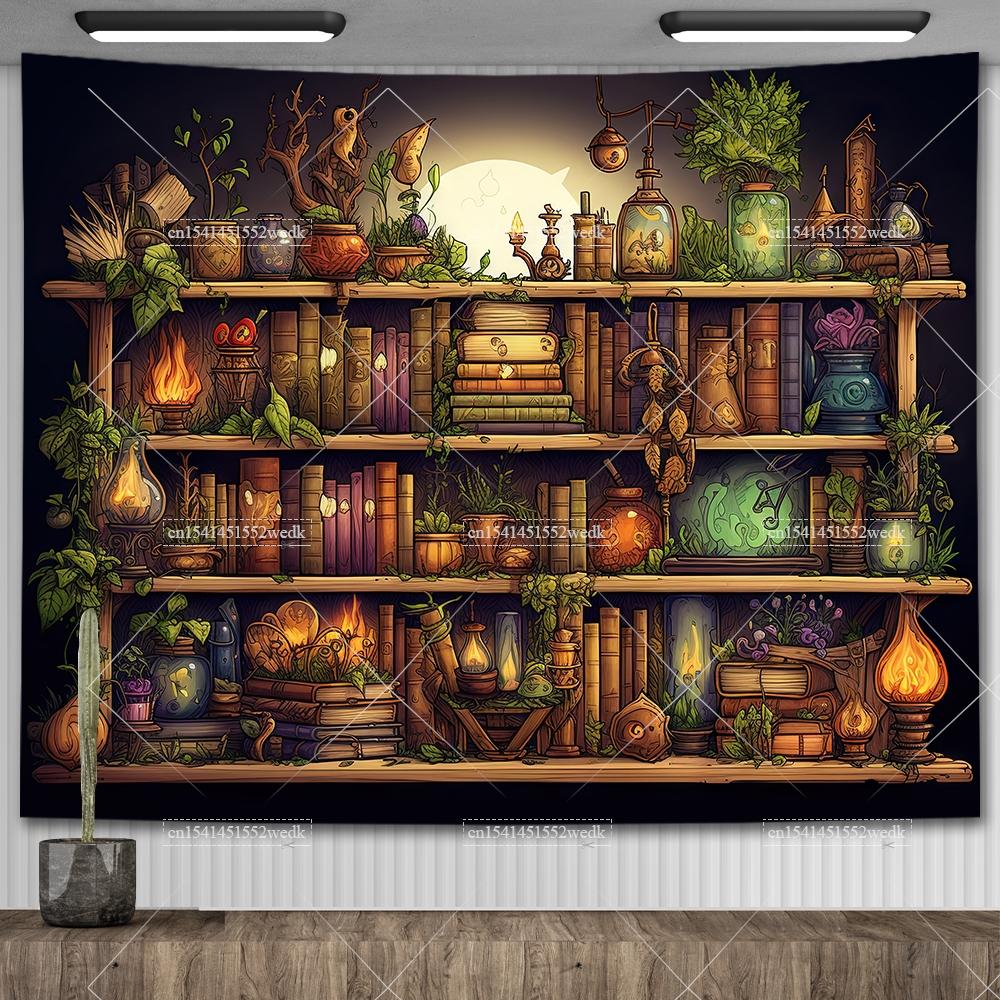 Witch's Library Staircase Tapestry Magic Bookshelf Tapestry Wall Hanging Altar Cloth Aesthetic Room Decor Book Shelves Backdrops